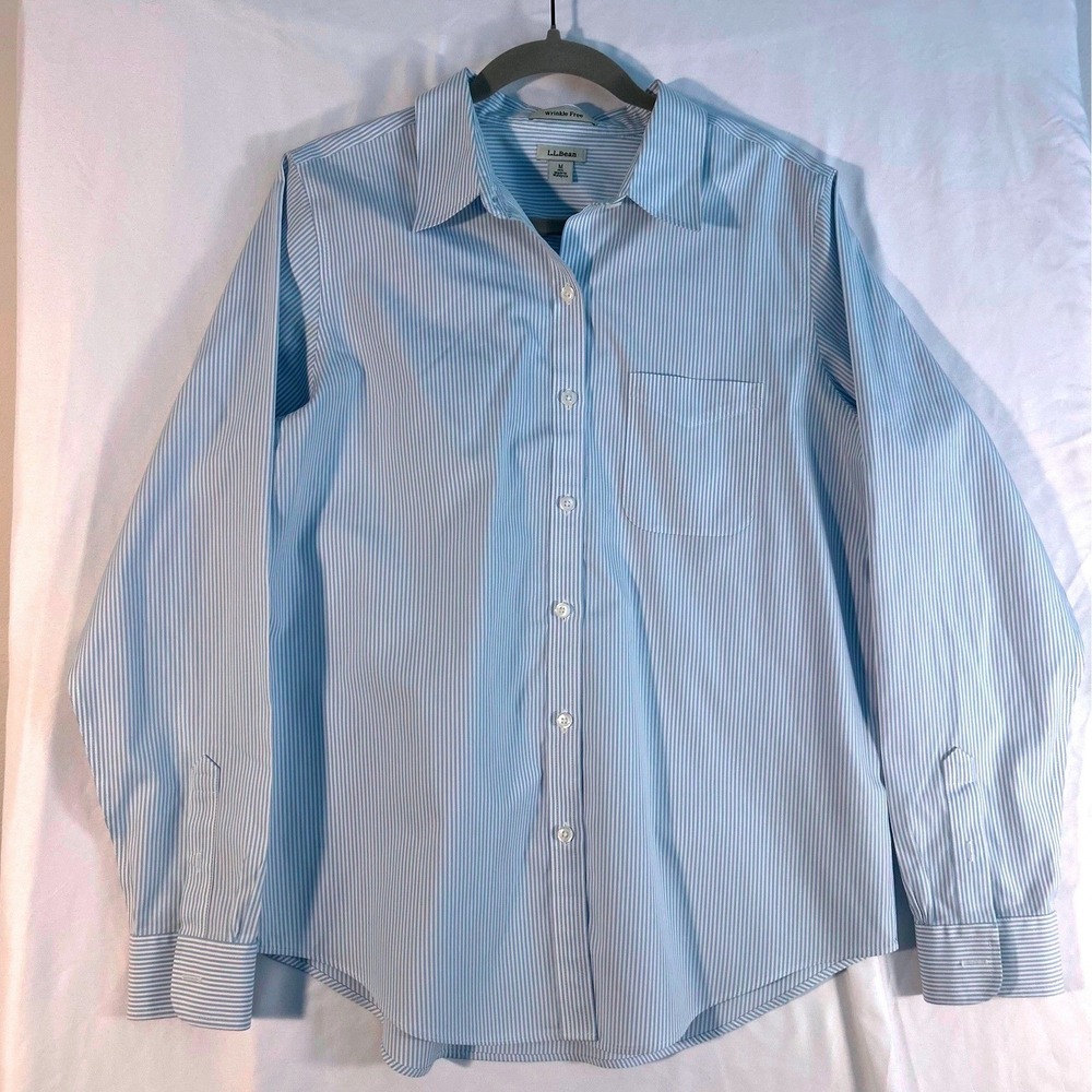 LL Bean Wrinkle Free Button Down Shirt Blue White Stripe Long Sleeve Womens M